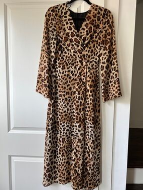 Leopard Print Faux Wrap Midi Dress- Cream & Brown